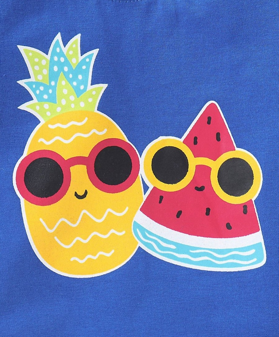 Cotton Knit Half Sleeves T-Shirt with Fruity Print - Blue