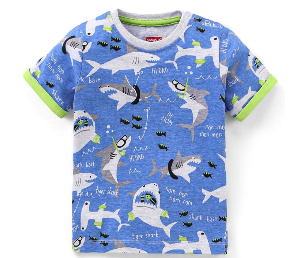 Half Sleeves T-Shirt & Shorts Set Shark Print - Blue & Grey