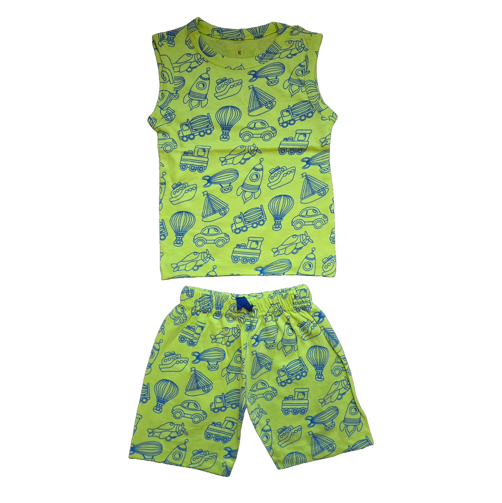 Vehicle & Rocket Print Sleeveless Tshirt and Shorts Set