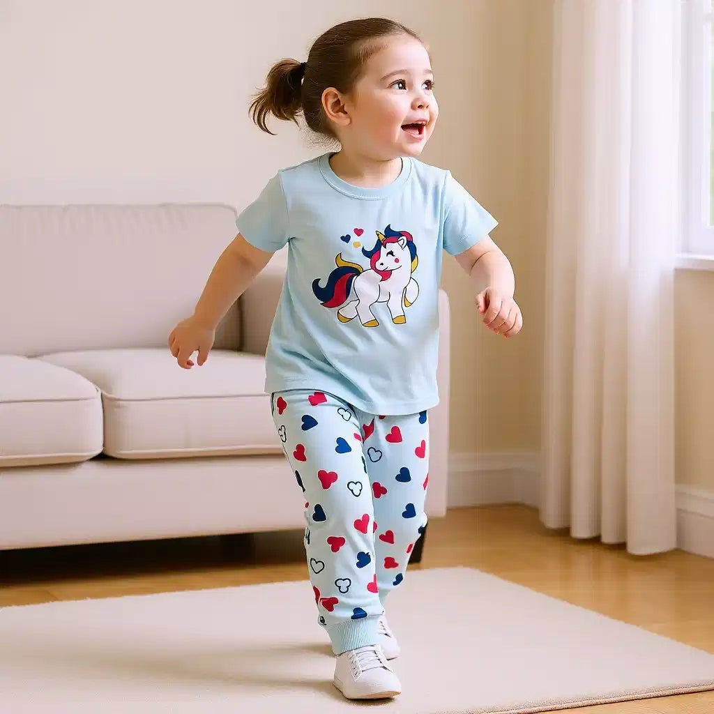 Unicorn Print T-Shirt & Heart Bottom Set