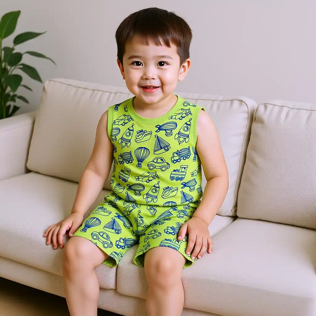 Vehicle & Rocket Print Sleeveless Tshirt and Shorts Set