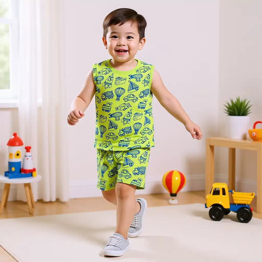 Vehicle & Rocket Print Sleeveless Tshirt and Shorts Set